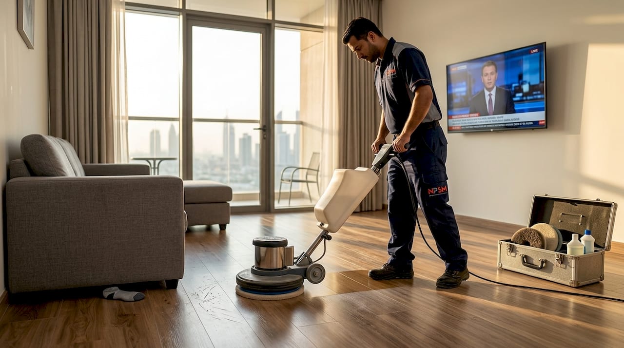 Technician restoring wood floor in apartment