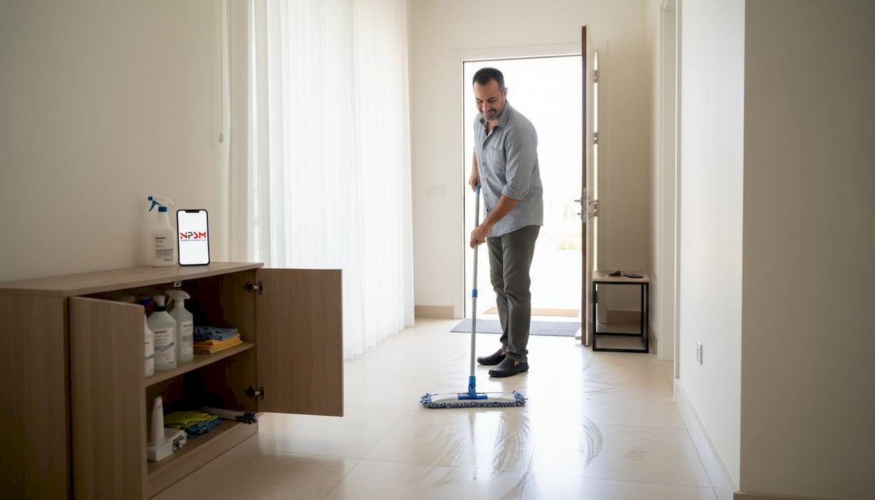 Man mopping tile floors in Dubai hallway