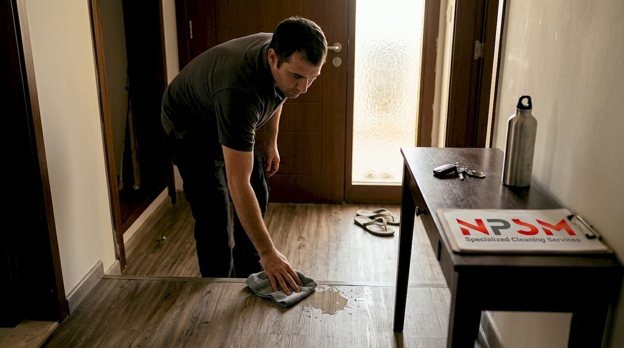 Man cleaning water spill on vinyl floor seam