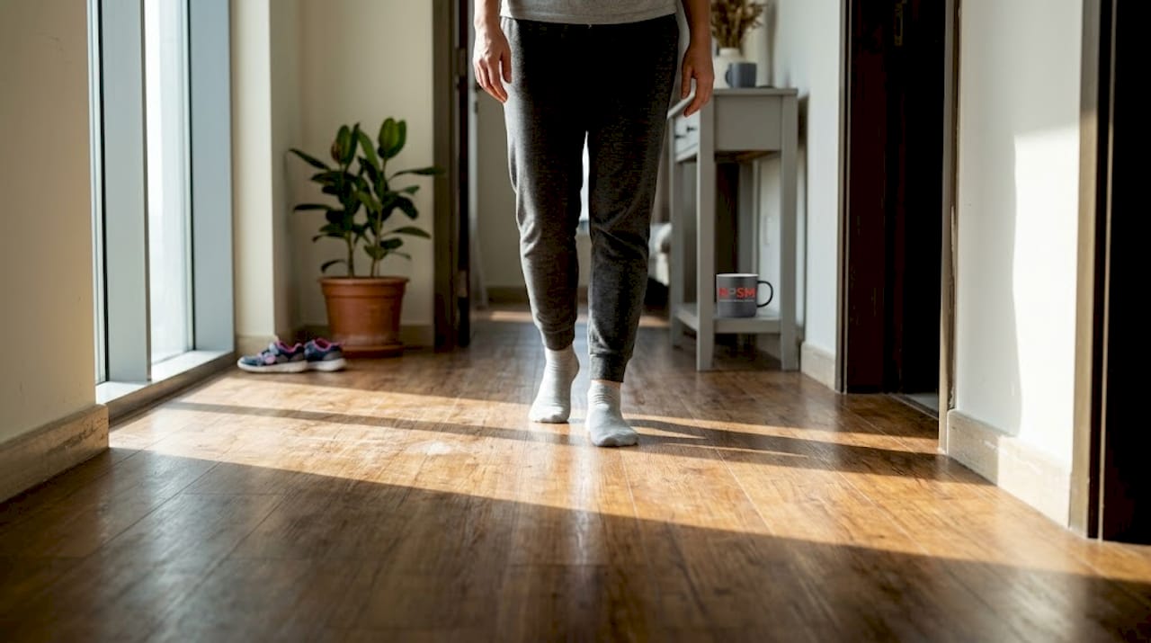 Homeowner checking sunlight on worn wood floor