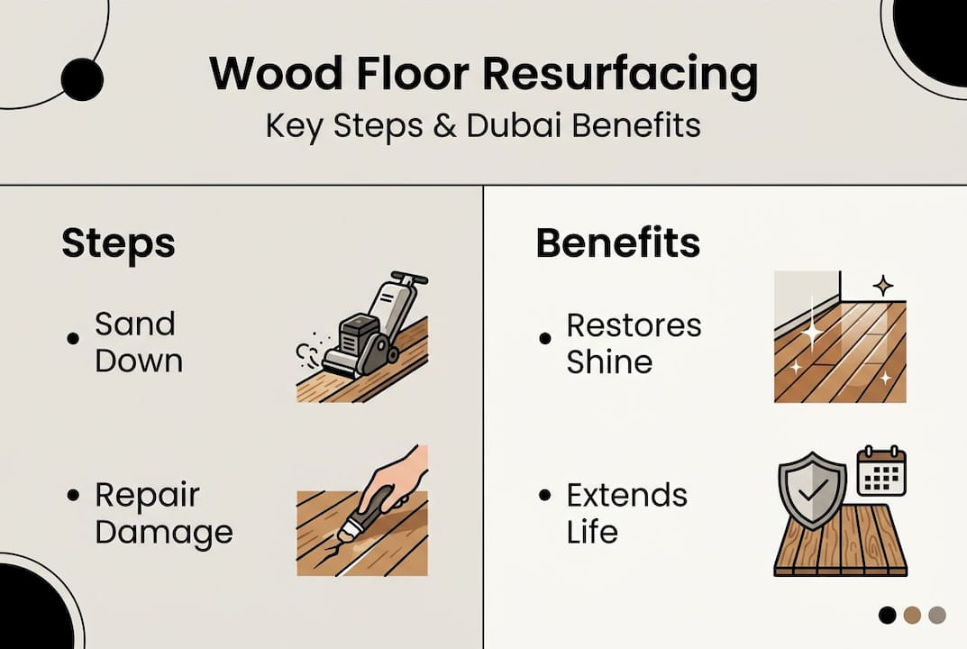 Wood floor resurfacing steps and benefits infographic