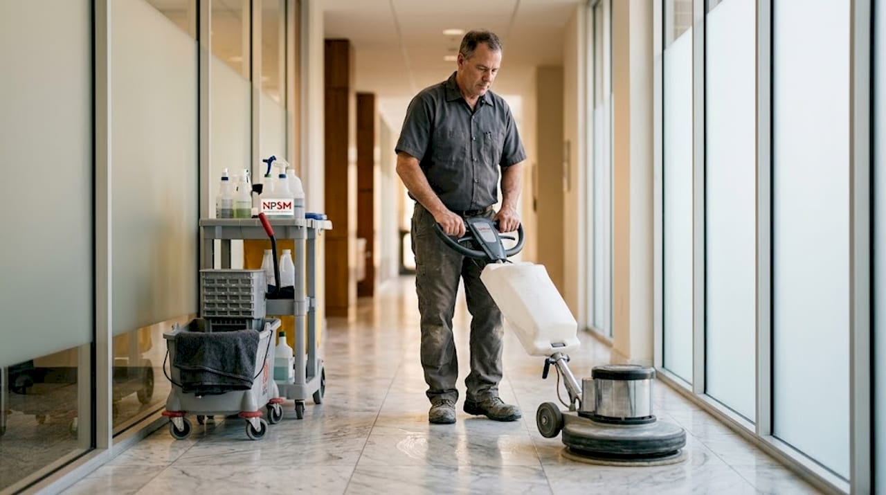Technician polishing marble entry hall with machine