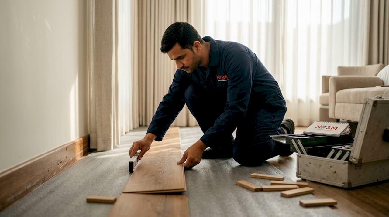 Installer fitting engineered wood floor in villa bedroom