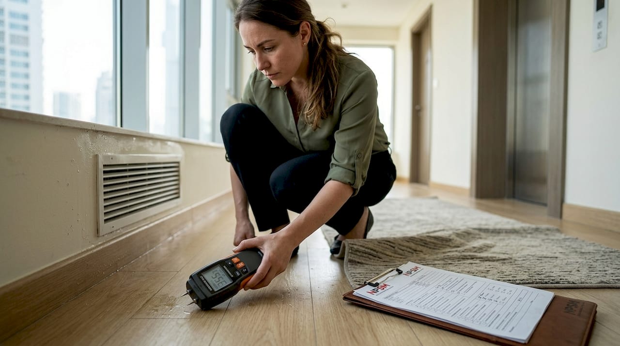 Supervisor inspecting humidity effects on wood floor