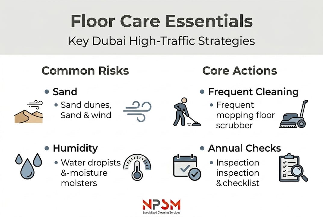 Infographic highlighting Dubai high-traffic floor care steps