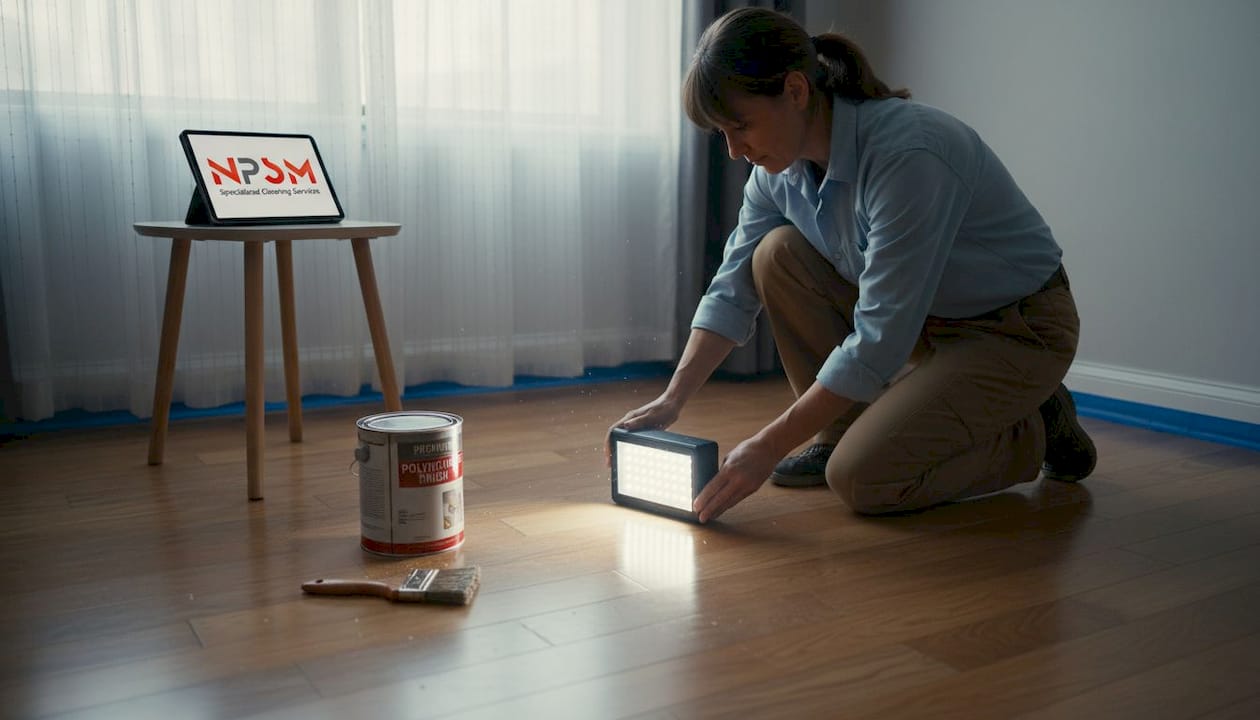 Woman checking restored wood floor finish
