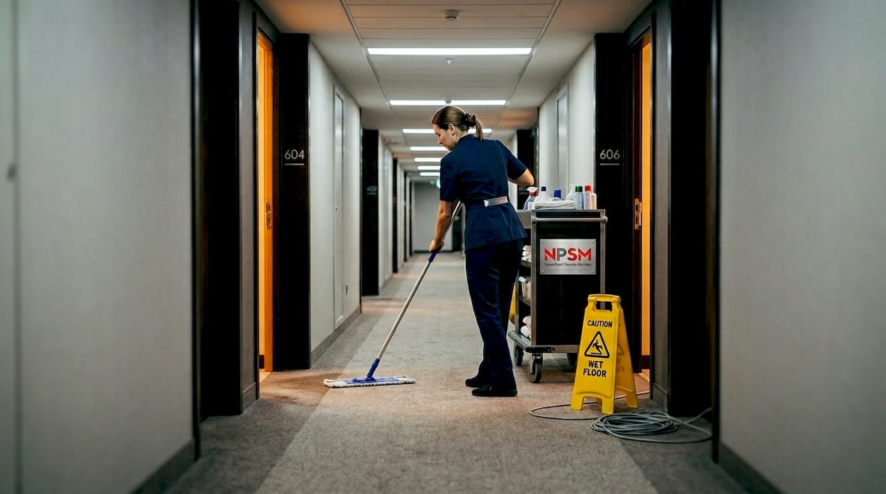 Housekeeper mopping hotel corridor floor