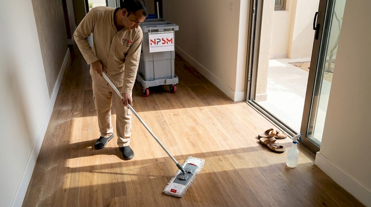 Worker cleaning Dubai villa wood floor in sunlight