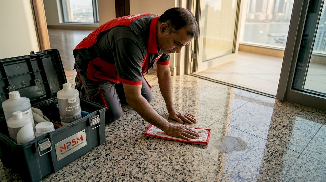 Polishing granite floor with cleaning kit