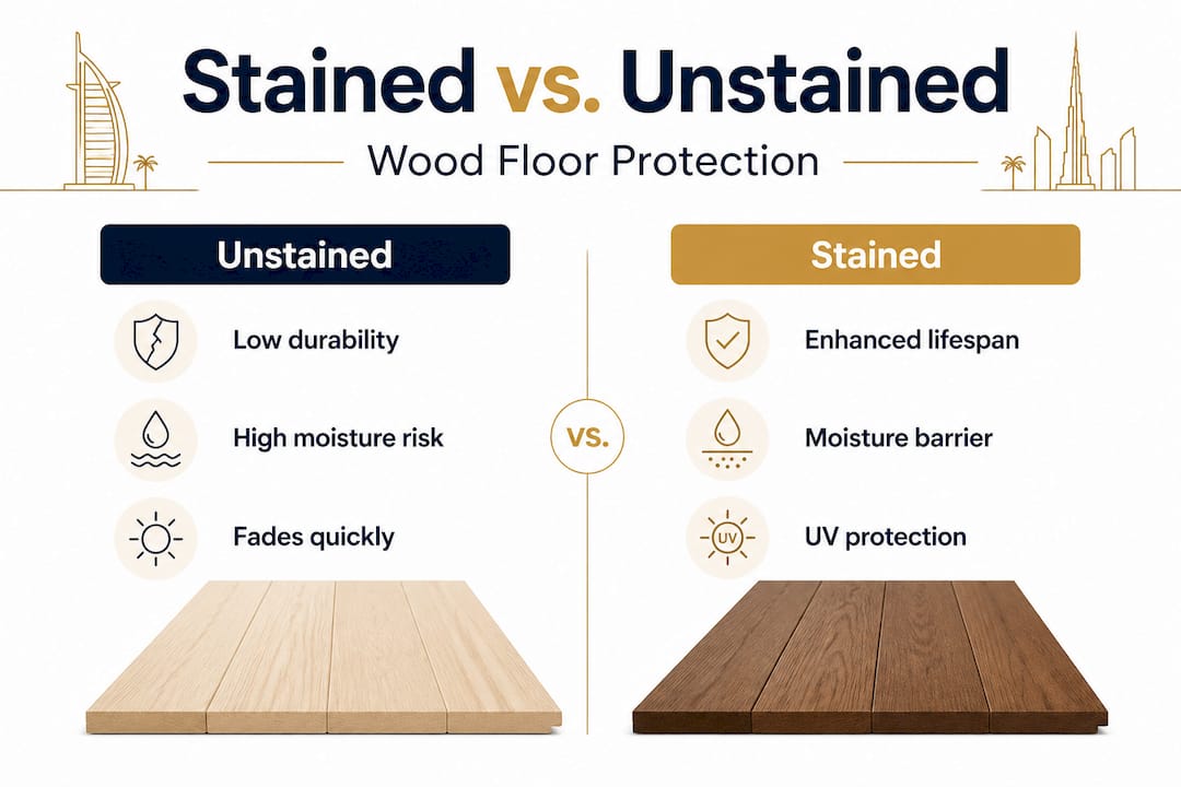 Infographic comparing stained and unstained wood floor benefits