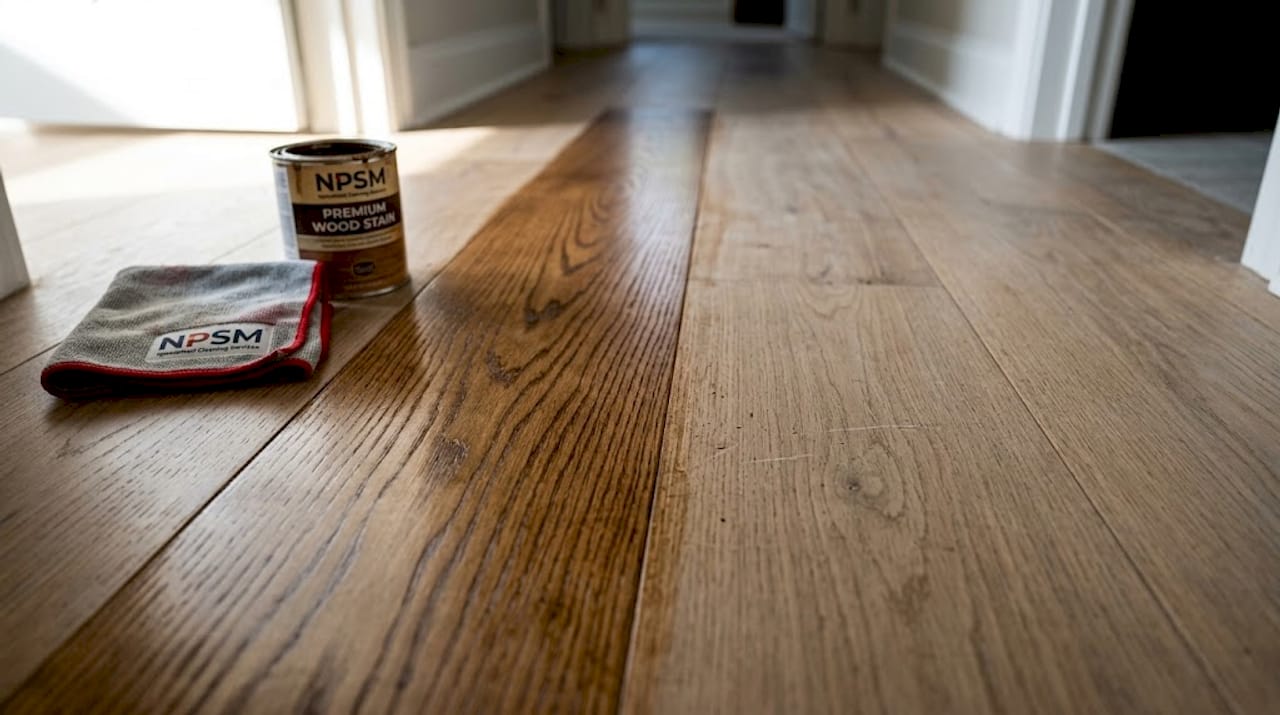 Close view stained and unstained floorboards