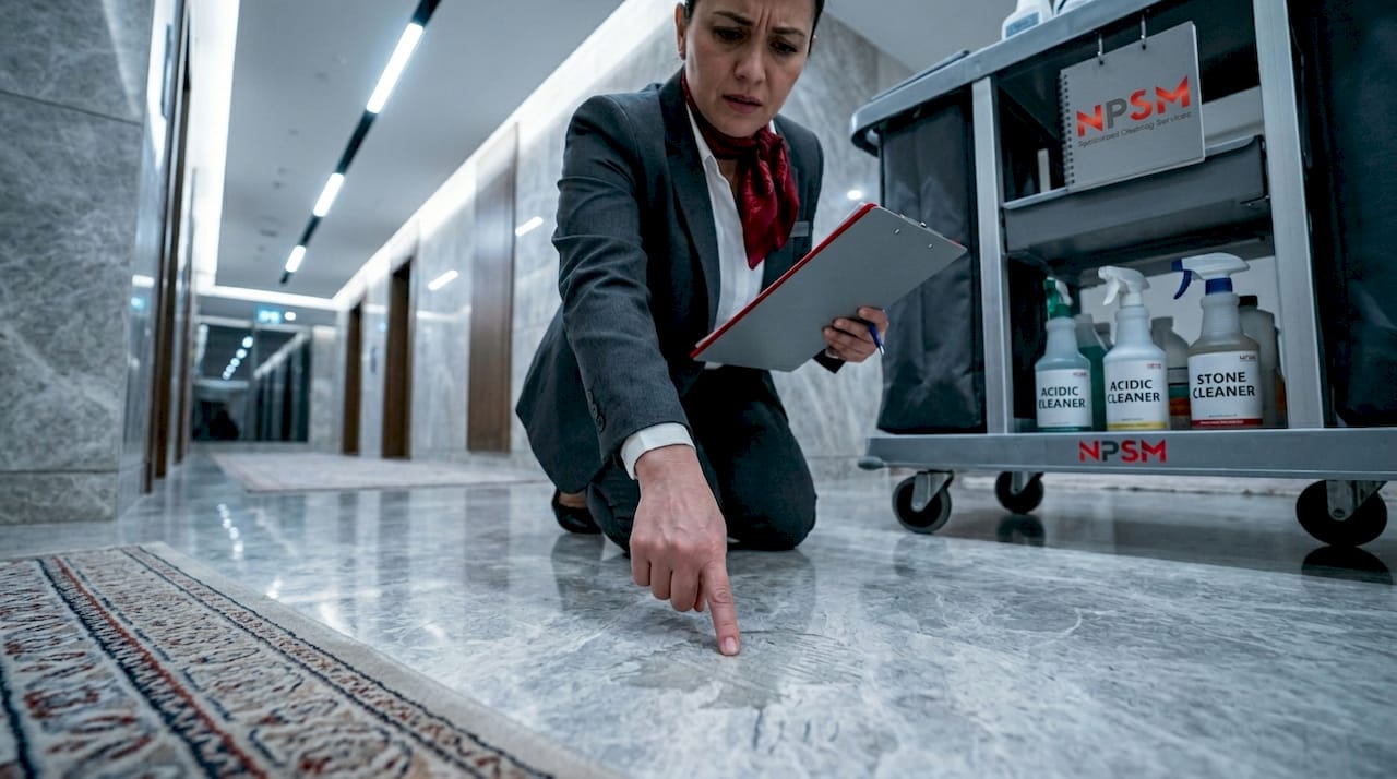 Housekeeper inspects damaged marble hotel floor