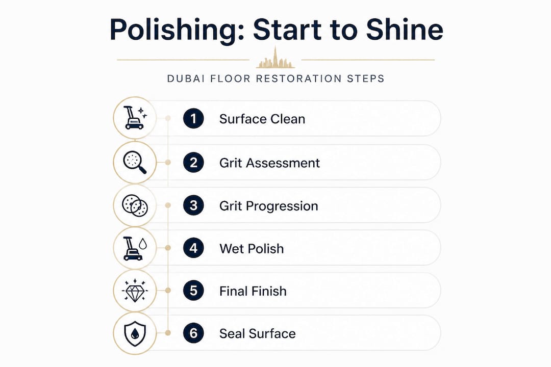 Process steps for Dubai floor polishing from start to finish