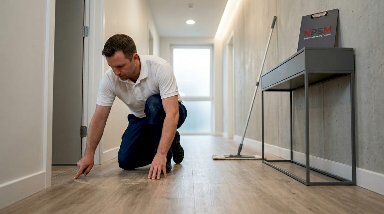 Worker checks vinyl floor durability hallway