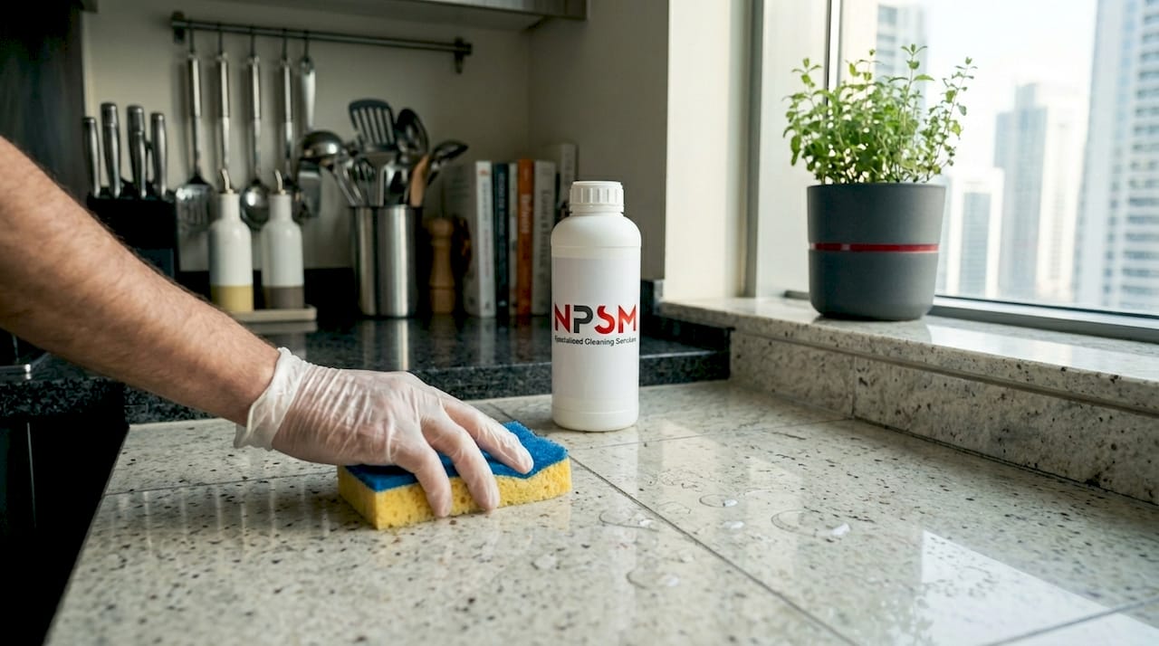 Hand applying sealer to granite floor tiles