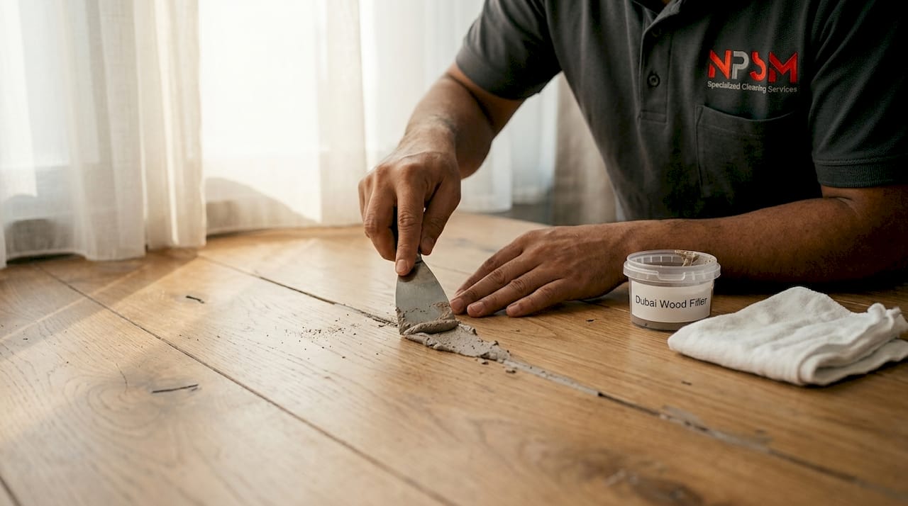 Applying wood filler to floor gap