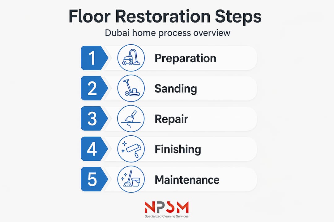 Infographic showing Dubai floor restoration process steps