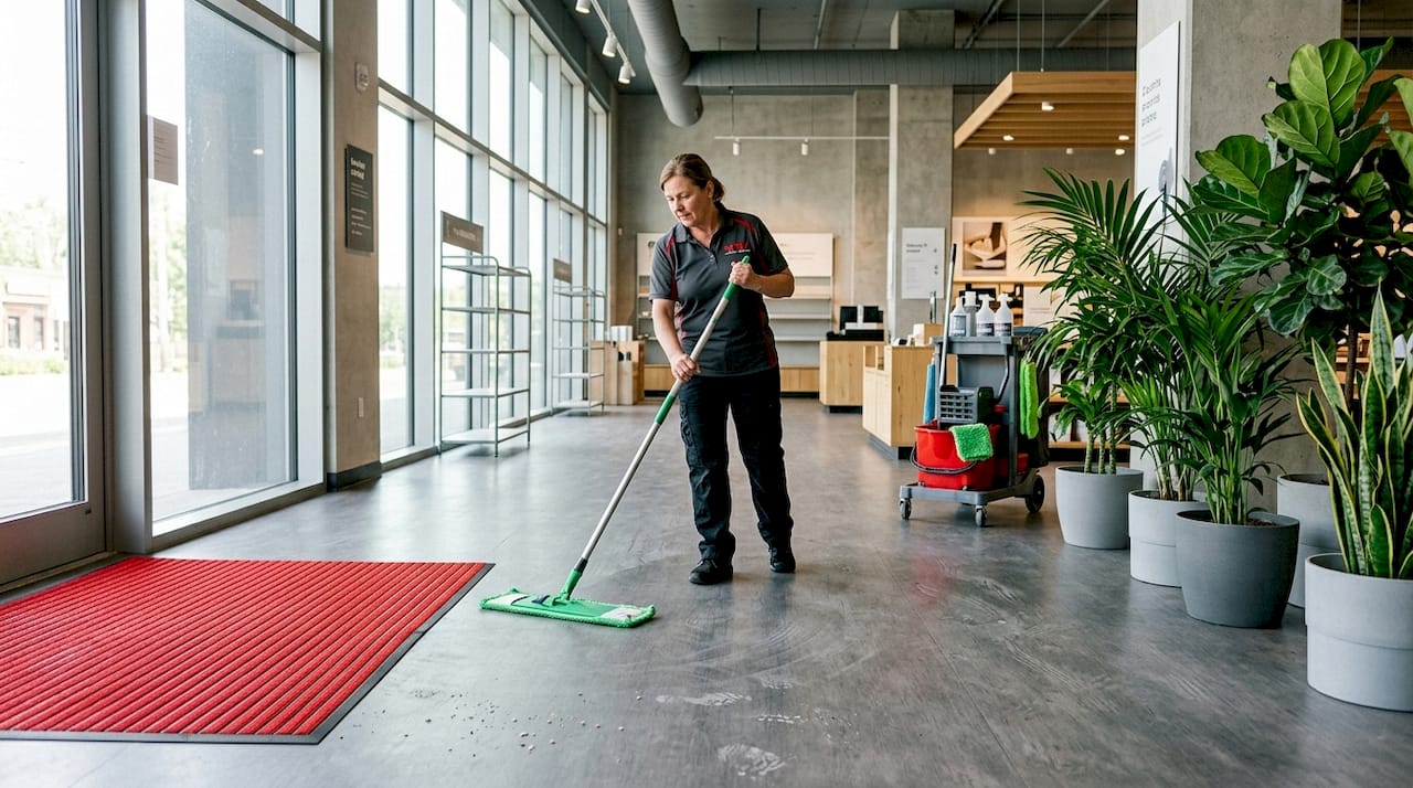 Flat mop removing debris on commercial floor