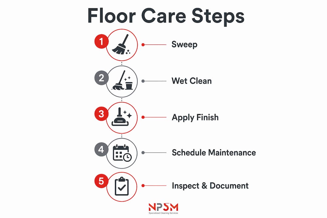 Infographic illustrating floor care maintenance steps