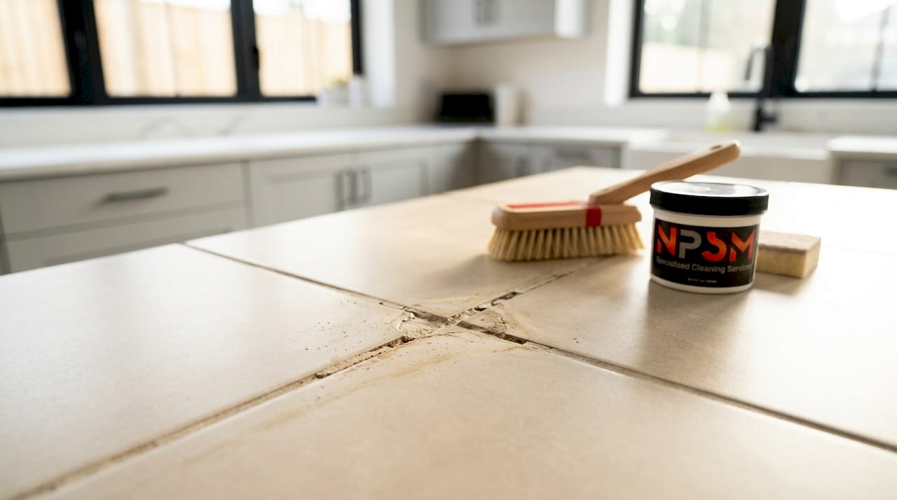 Cracked grout between beige floor tiles