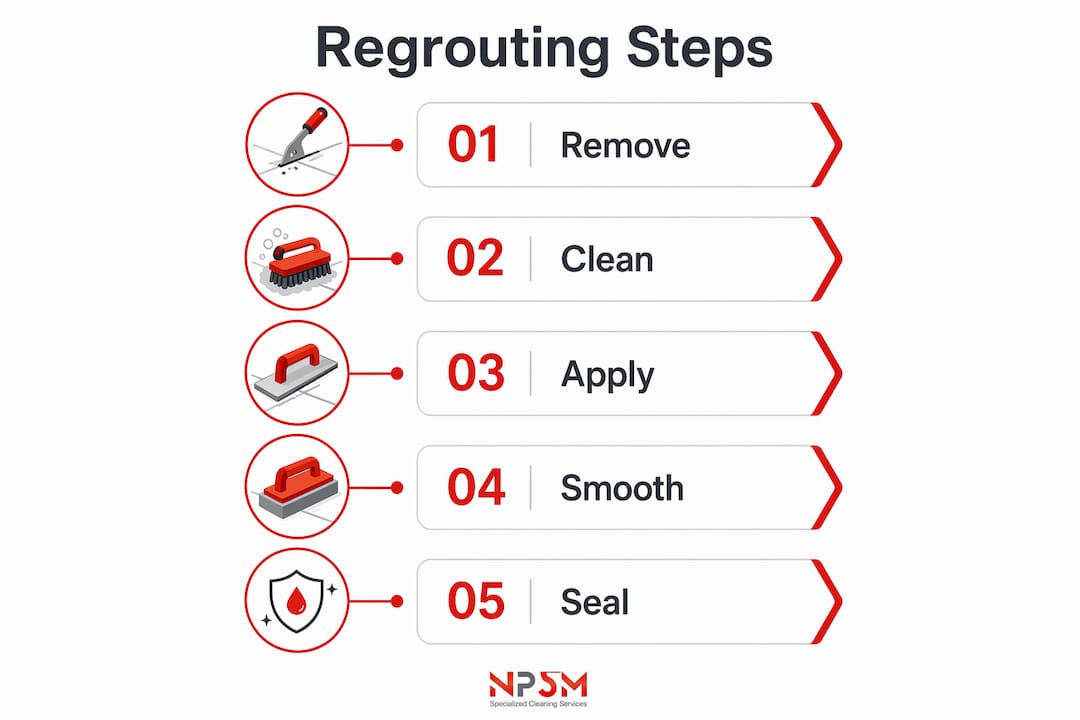 Infographic outlining five steps of floor regrouting process