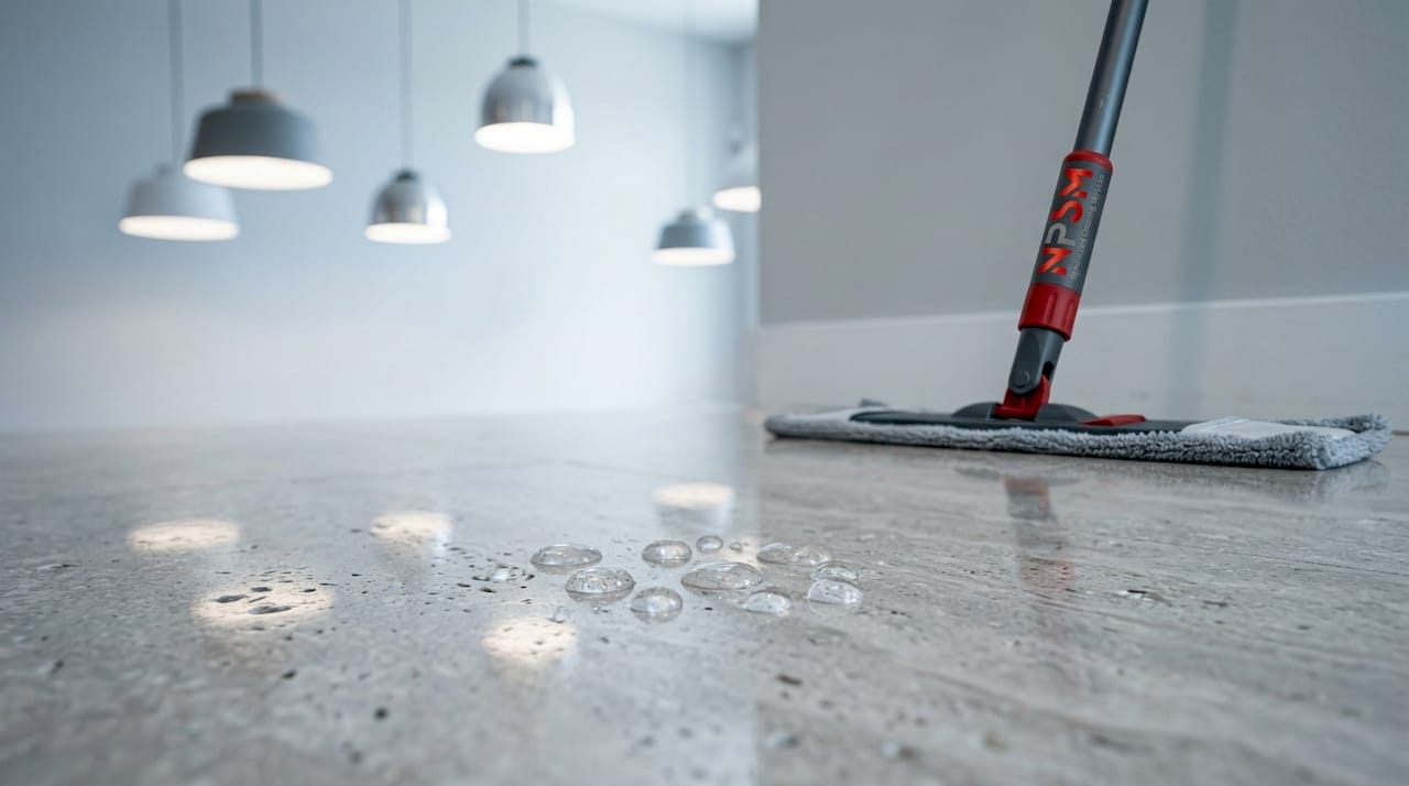 Close-up of sealed natural stone floor with water beads