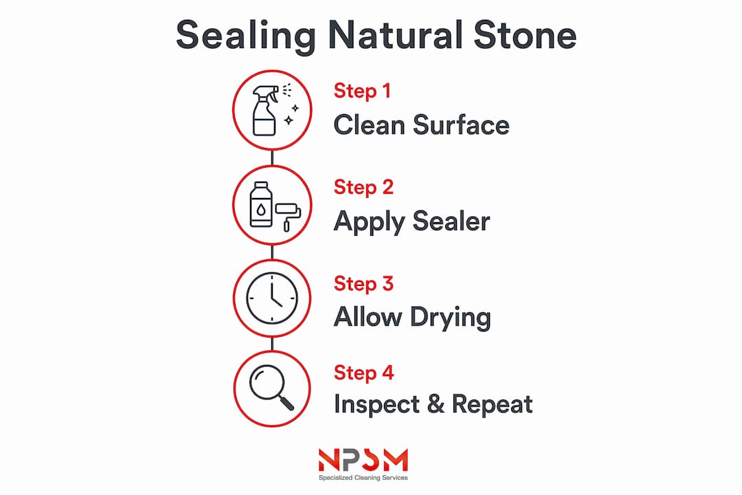 Infographic showing four steps of sealing natural stone