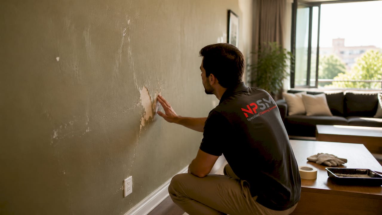 Hand touching peeling interior wall paint