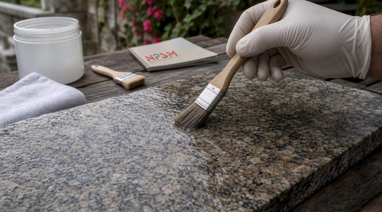 Close-up of hand sealing granite pores outdoors