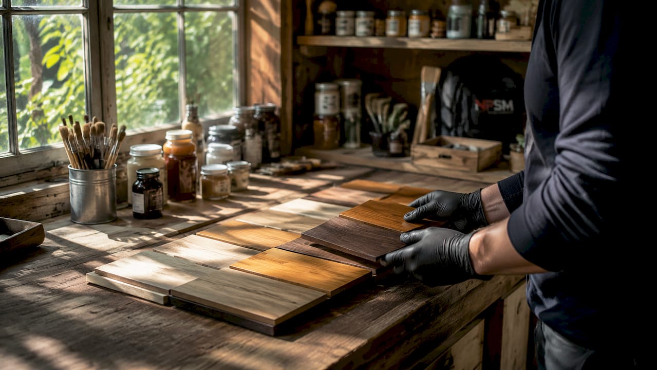 Hands comparing wood finish samples
