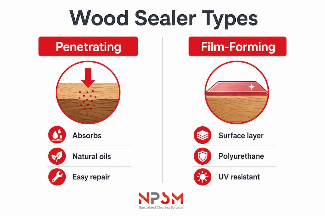 Infographic comparing penetrating and film-forming wood sealers