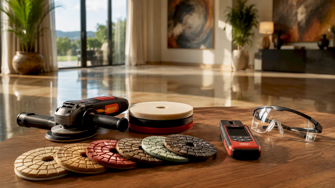 Set of villa floor polishing tools overhead