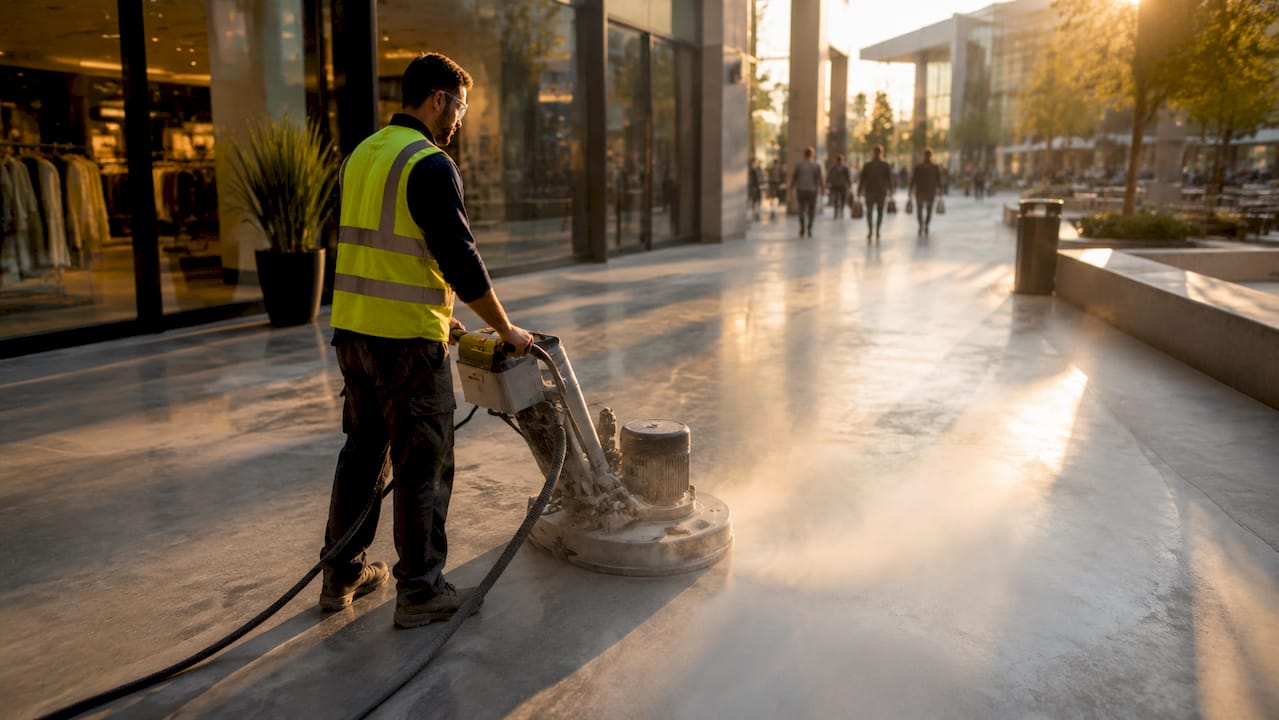 Trade worker grinding mall concrete floor