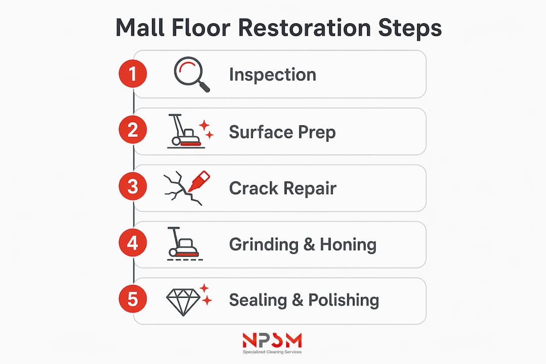 Infographic illustrating steps of mall floor restoration process