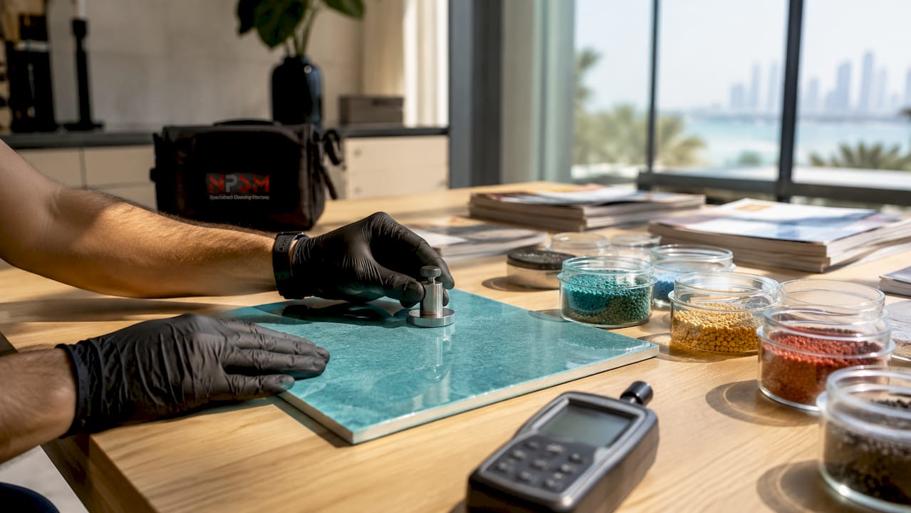 Hands holding polished floor test sample with lab tools