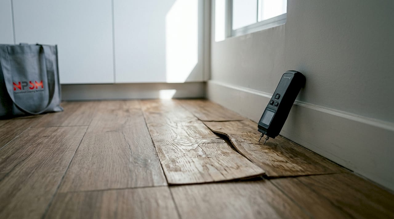 Close-up of warped wooden floor with moisture meter