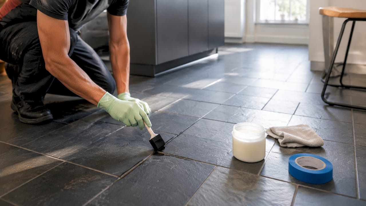 Hands applying sealer on slate floor in hallway