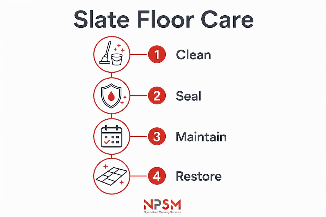 Infographic showing slate floor care steps