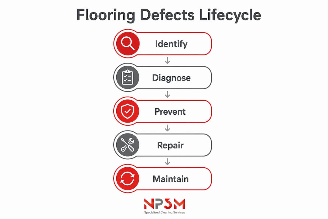 Infographic outlining flooring defects lifecycle steps