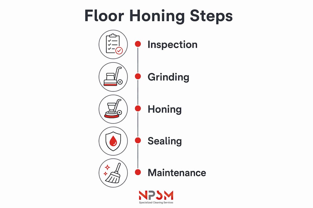 Infographic illustrating floor honing process steps