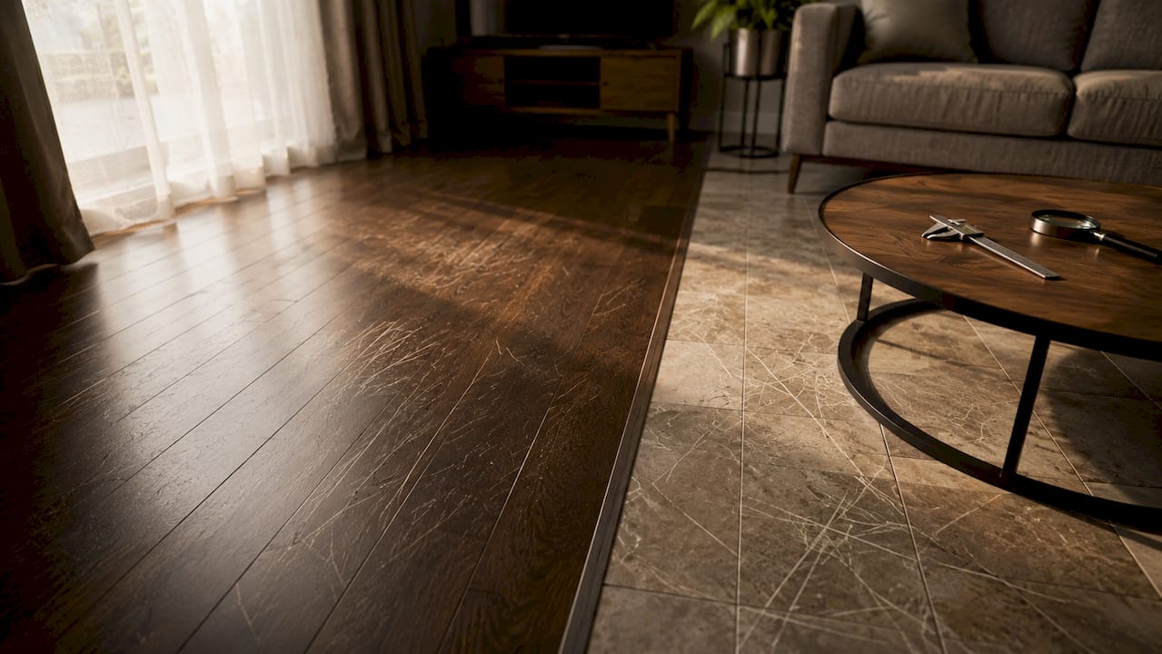 Wood and stone floor showing different scratch types