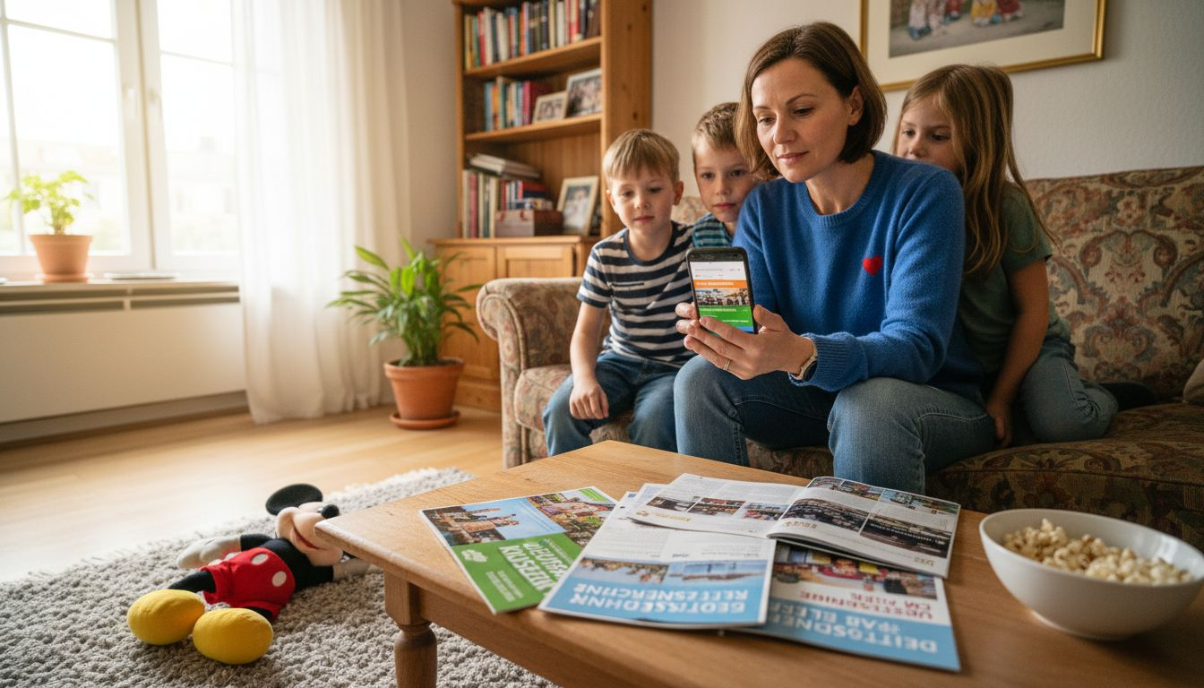 Eine Familie sitzt gemeinsam am Tisch und vergleicht die verschiedenen Disney-Hotels, um herauszufinden, welches am besten zu ihren Wünschen passt.