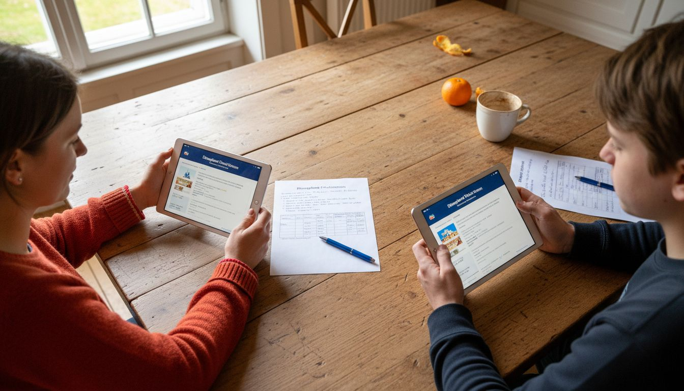 Eine Familie prüft verschiedene Ticketpreise und vergleicht die Angebote sowohl auf ausgedruckten Seiten als auch am Tablet.