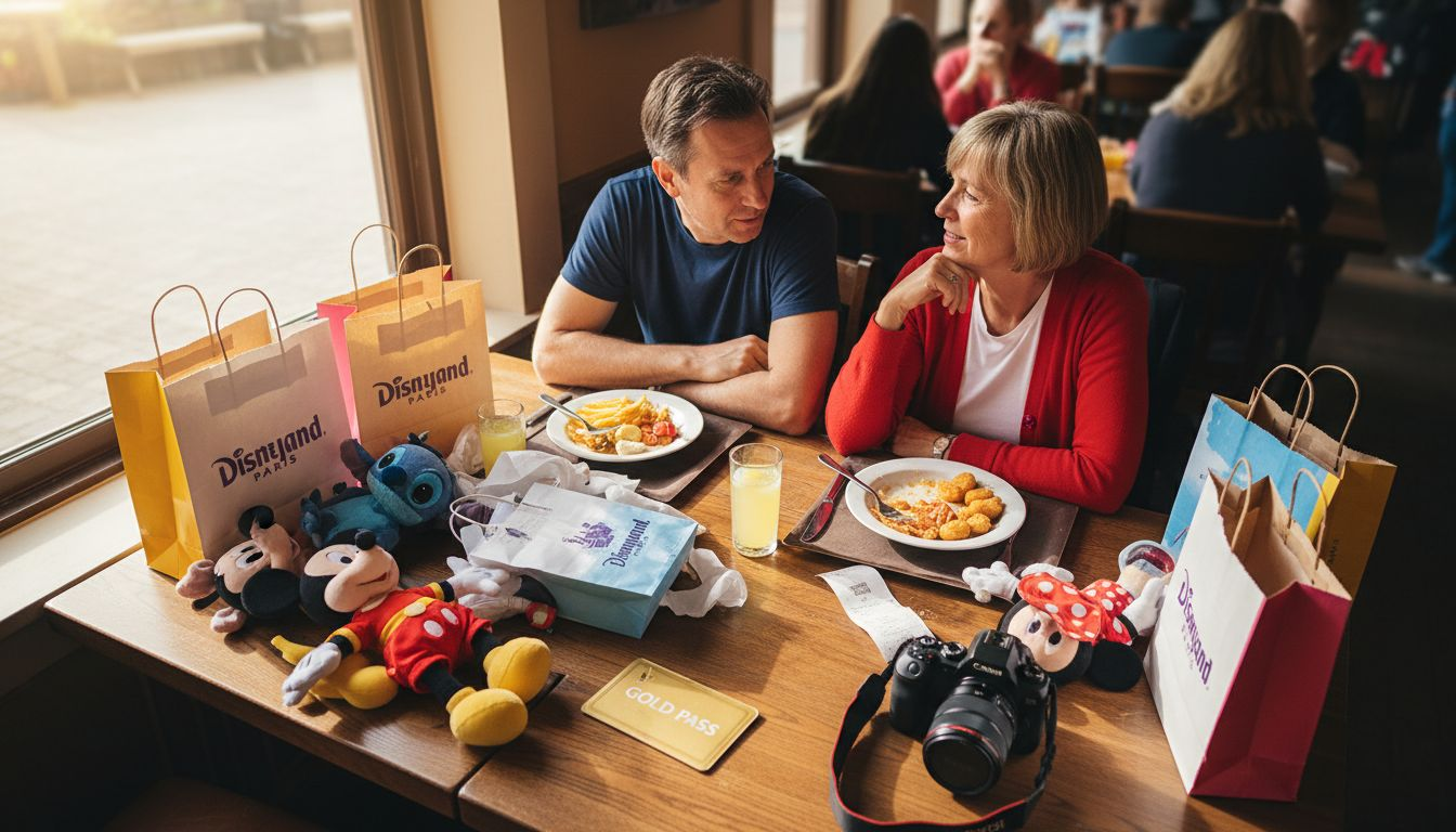 Ein Paar genießt exklusive Vorteile ihres Disneyland Gold Passes beim Restaurantbesuch.
