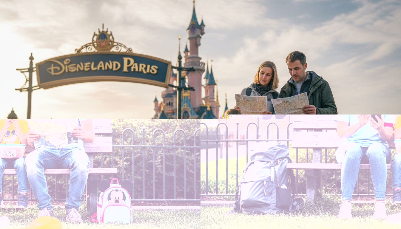 Eine Familie bespricht, wann sie im Freizeitpark eine Verschnaufpause einlegen möchte.