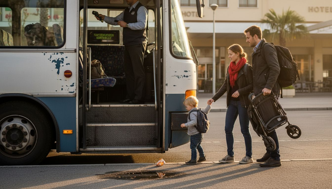 Eine erschöpfte Familie steigt mit Kinderwagen in den Shuttlebus ein.