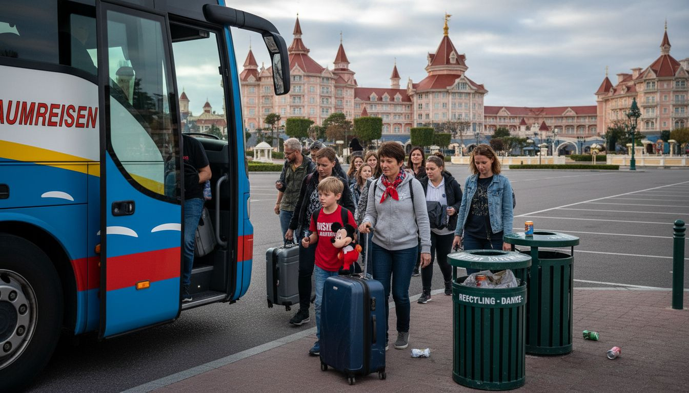 Die Reisegruppe verlässt den Bus auf dem Parkplatz von Disneyland.