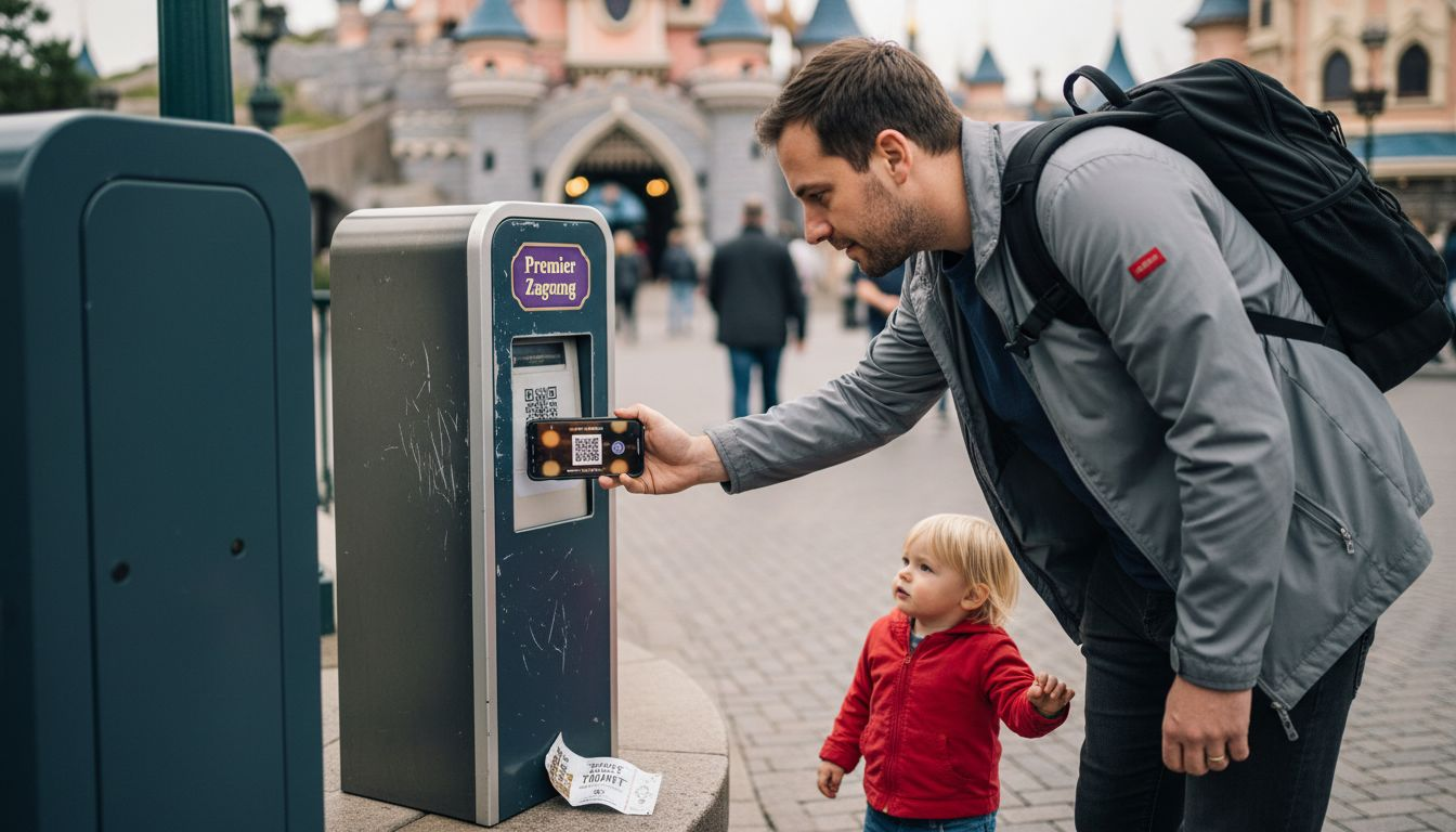 Papa hält seine Premier-Access-Karte an den Scanner am Automaten.