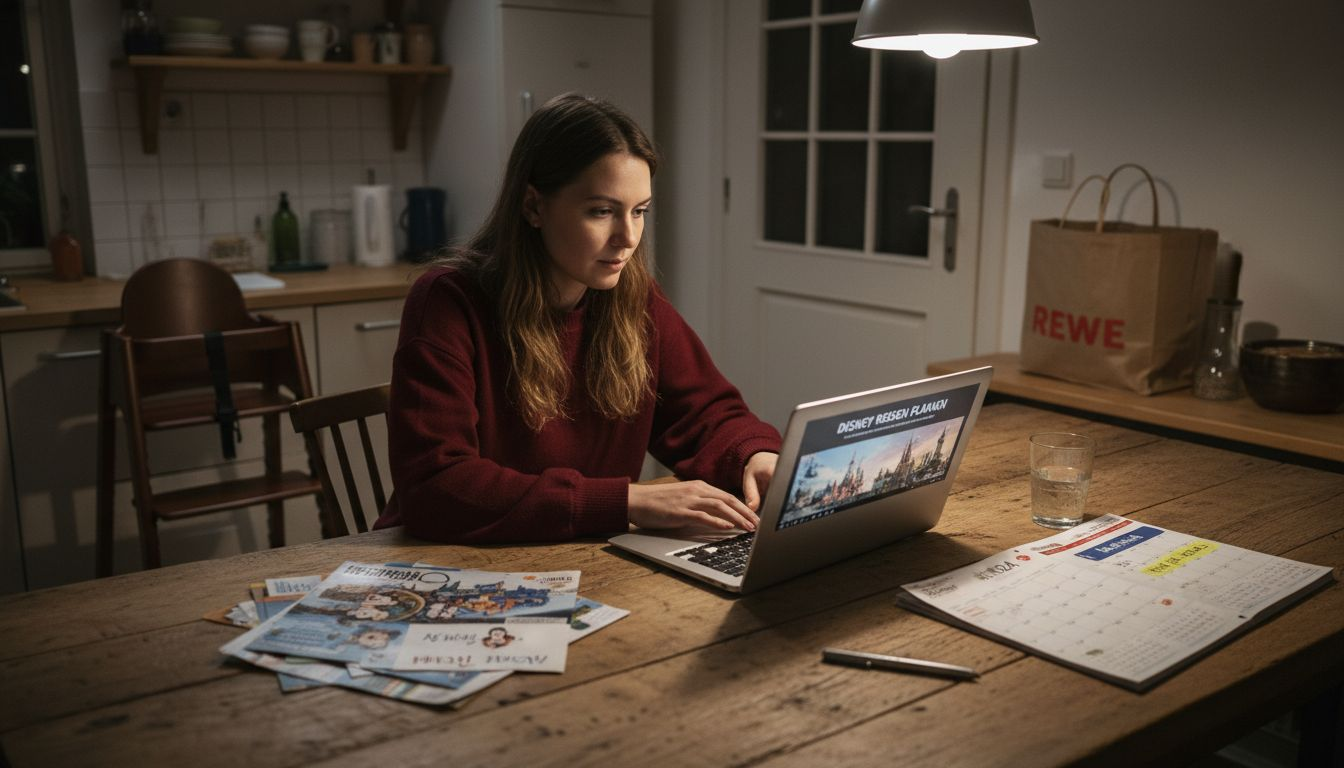 Eine Frau sitzt am Laptop und plant ihre nächste Disney-Reise von Zuhause aus.