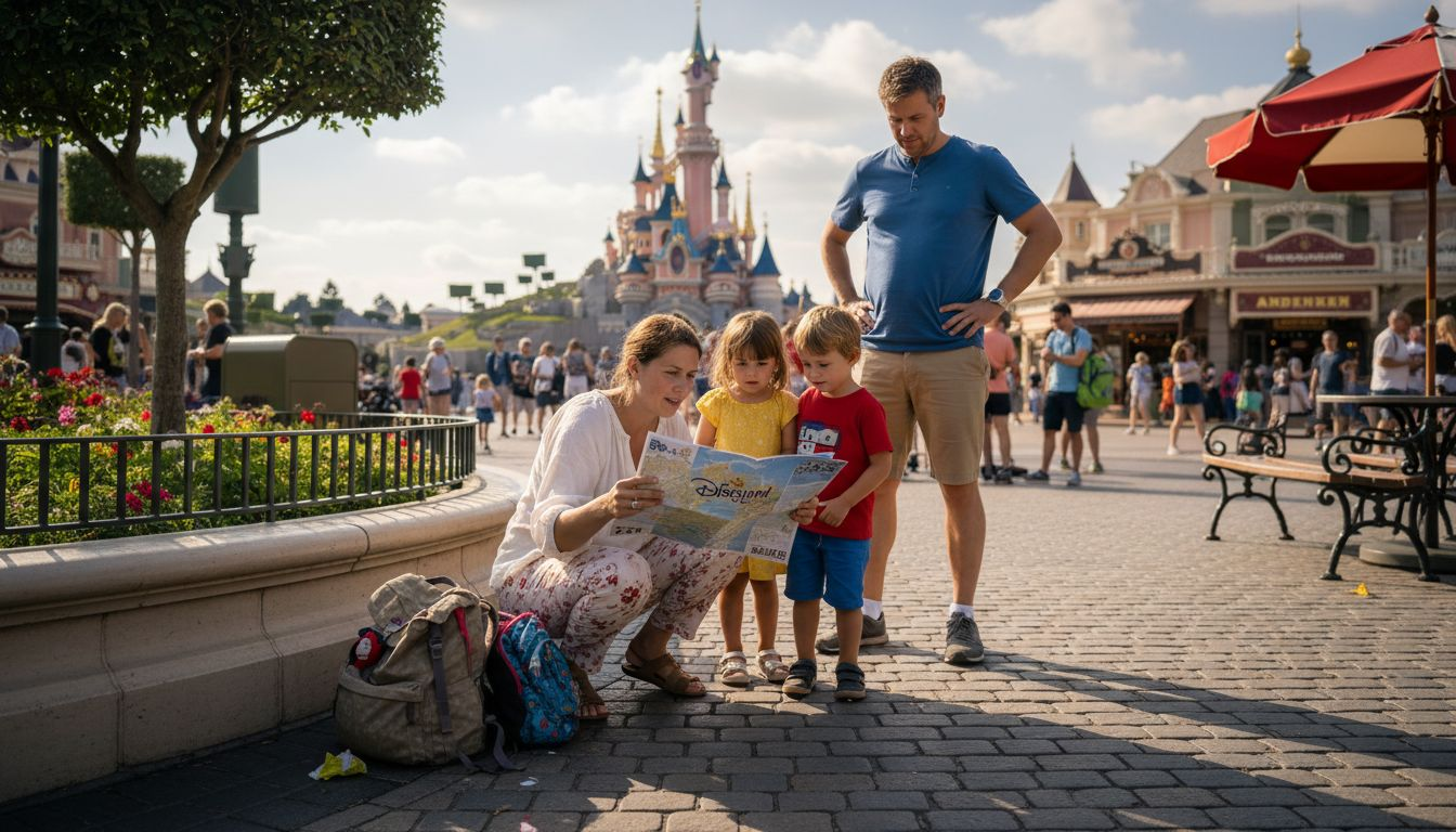 Eine Familie studiert gemeinsam die Parkkarte am zentralen Platz von Disneyland, um ihre nächsten Ziele zu planen.